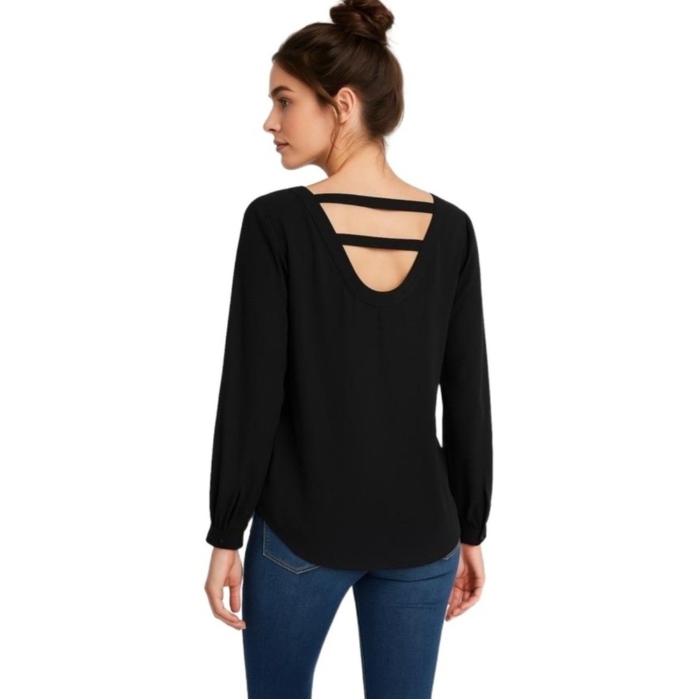 41 Hawthorn Blouse Womans Medium Black V-Neck Blouse Roll Tab Sleeves V-Back